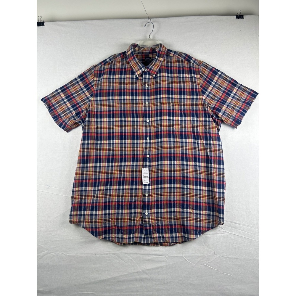 Brooks Brothers Mens3XLT Plaid Short Sleeve Button Down Shirt Navy Red 100191243